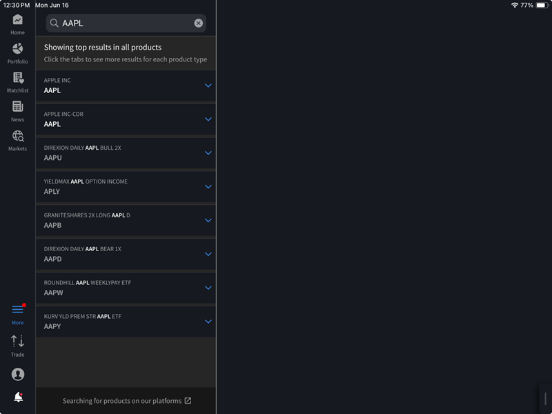 The option wizard search intrument page on the iPad